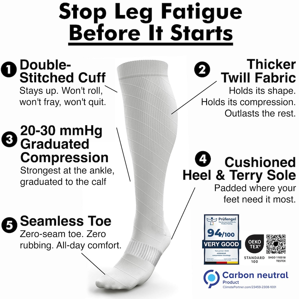 image 1 of aZengear Compression Socks for Women & Men (20-30 mmHg) Knee-High Flight Socks, Calf Support for Travel, Running - Seamless Toe, Padded Heel and Sole