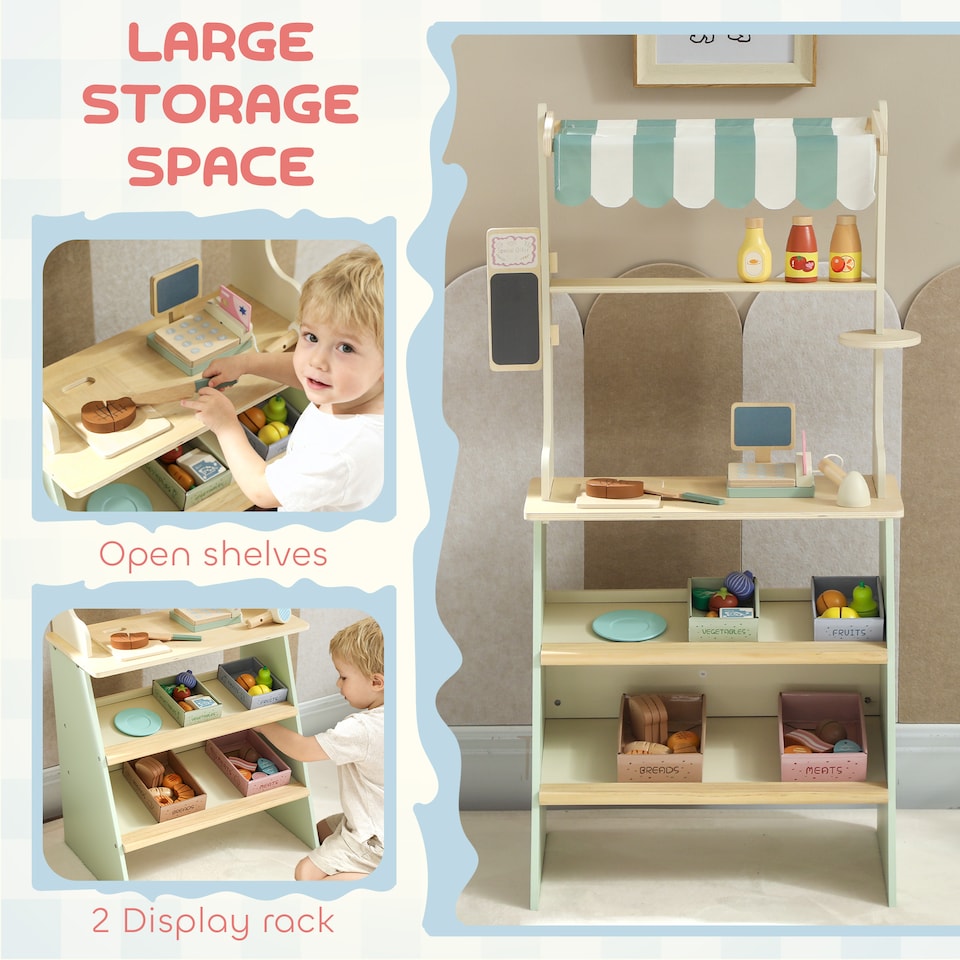 image 1 of AIYAPLAY Wooden Toy Shop, Supermarket Role Play with 34 Accessories, Green