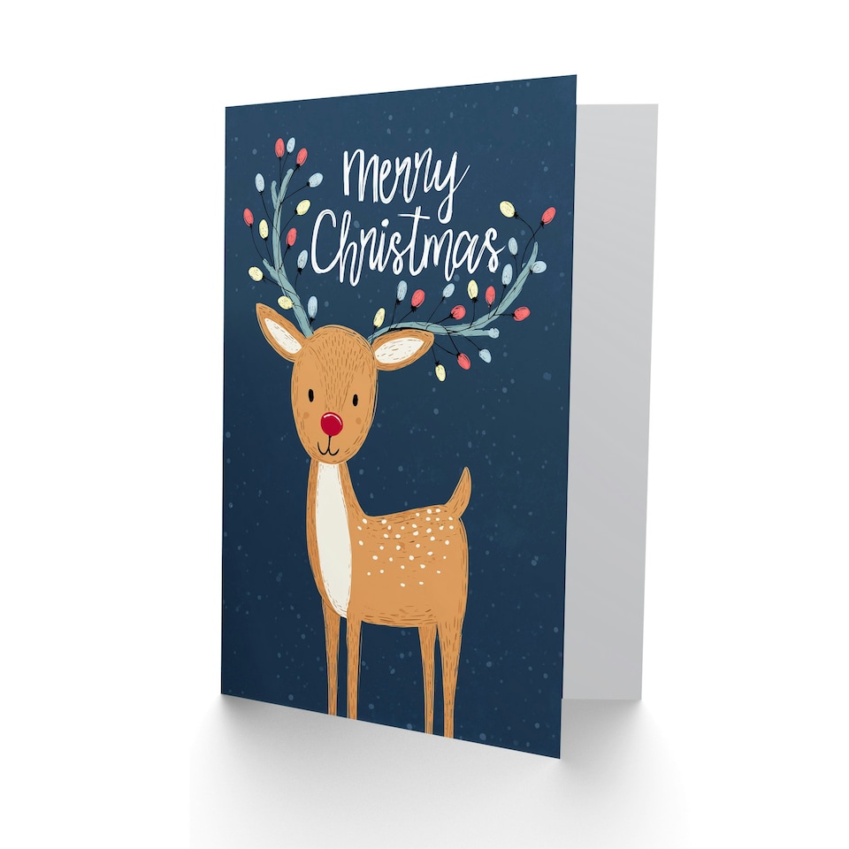 image 1 of Christmas Card Cute Reindeer Rudolph With Antler String Lights