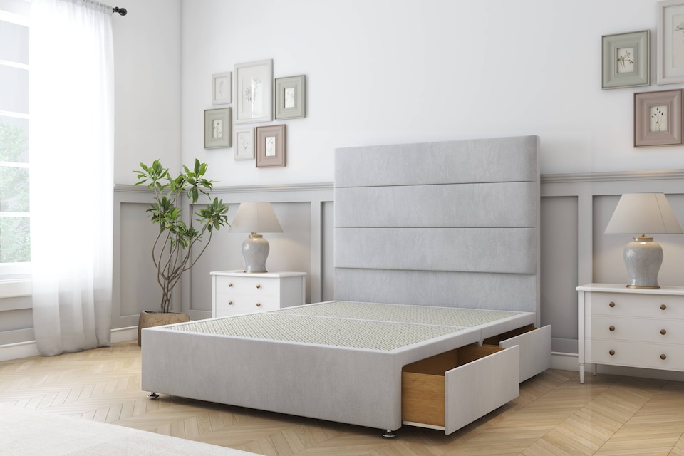 image 1 of Sloomy Texas Silver Naples Divan Bed With Mattress 2 Drawers Same Side With 26" Strutted Headboard 3' Single | Silver | Silver | Single | 1