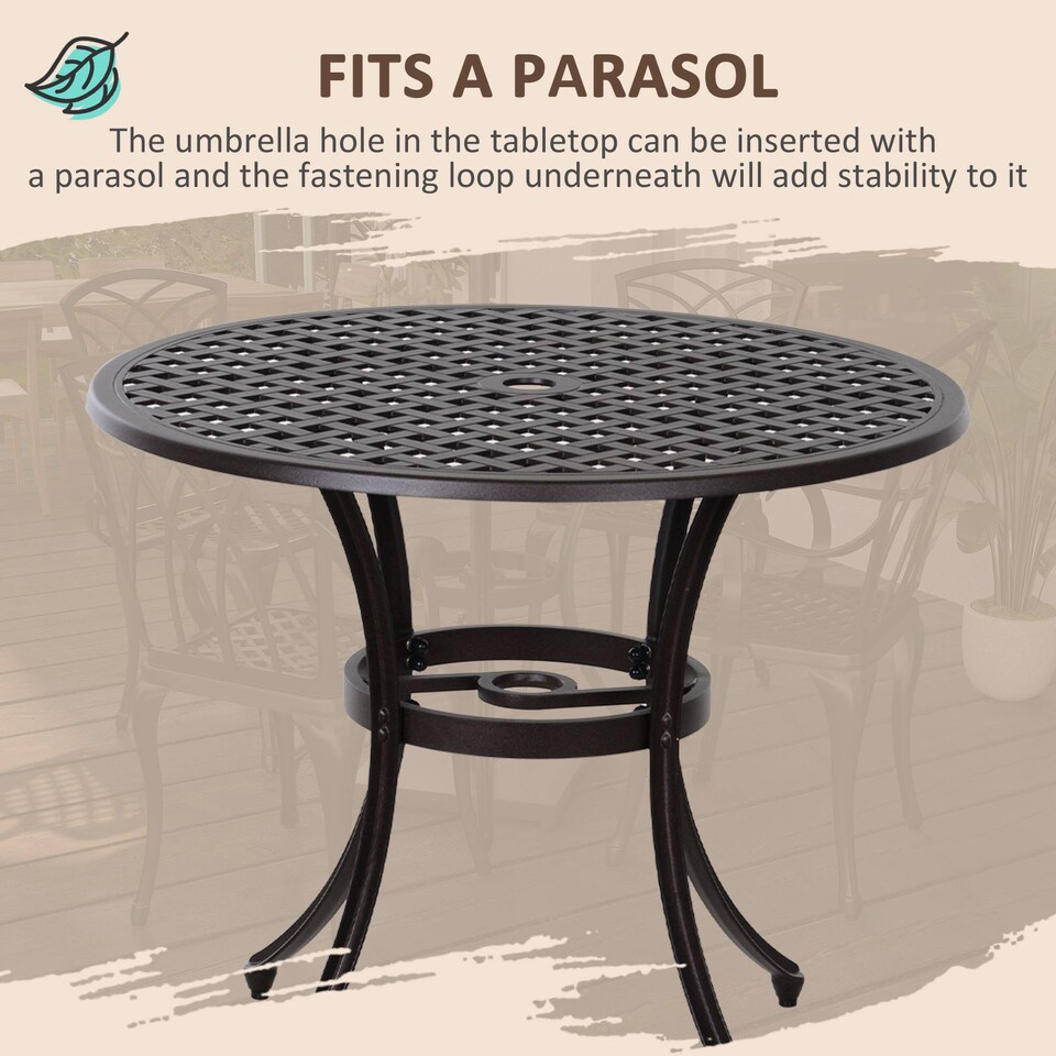 image 1 of Outsunny 5 Pieces Garden Dining Set for 4, Cast Aluminium Outdoor Dining Set with 4 Armchairs and Round Dining Table with Parasol Hole, Garden Furniture Set, Brown