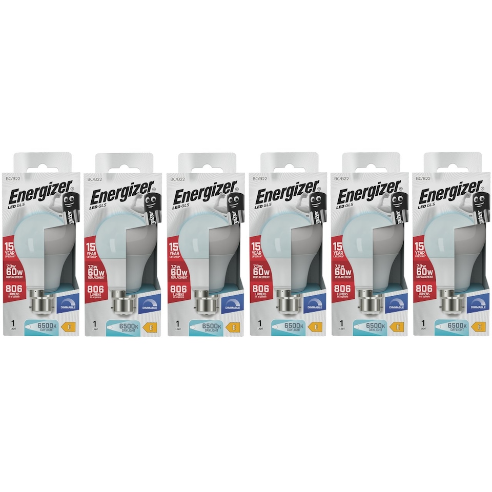 image 1 of Energizer LED GLS B22 806lm 7.3W 6500K (Daylight) Dimmable Light Bulb - Pack of 6