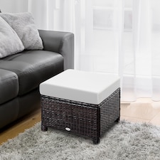 Outsunny Rattan Footstool Wicker Ottoman with Padded Seat Cushion Outdoor Patio Furniture for Garden Poolside Living Room, 50 x 50 x 35 cm, Brown