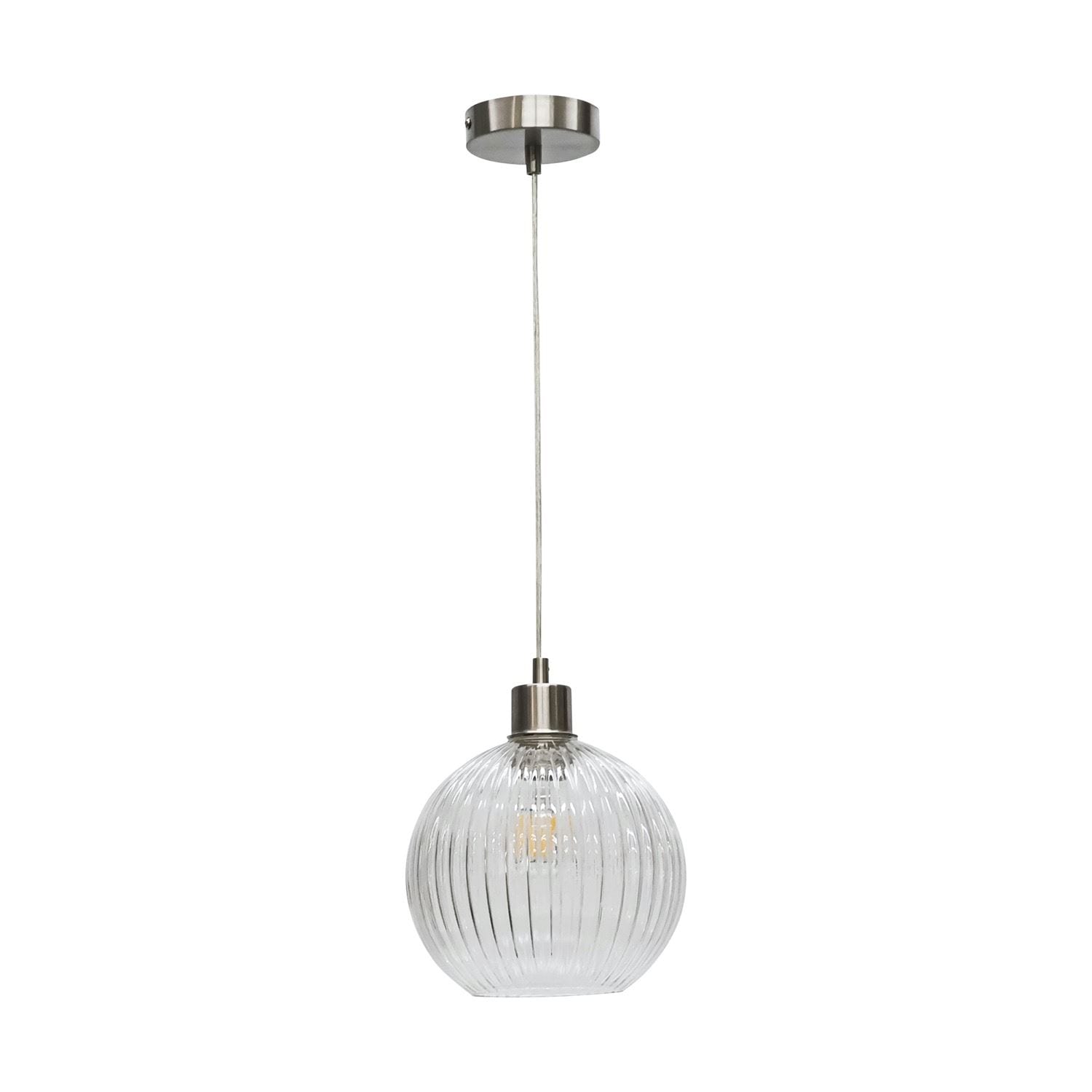 First Choice Lighting Betchley - Clear Ribbed Glass Globe with Satin Nickel Pendant Fitting