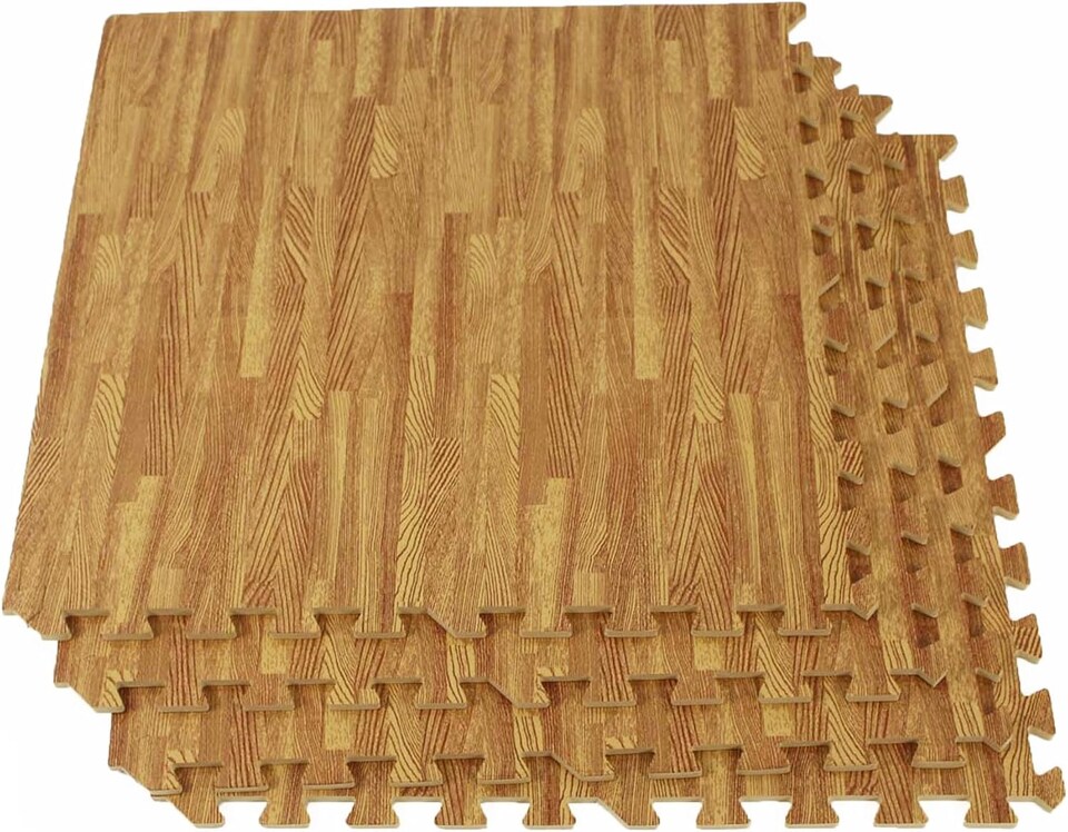Wood Effect Interlocking Foam Floor Tiles, Anti-Fatigue EVA Mats, 16 Square Feet Coverage, Brown