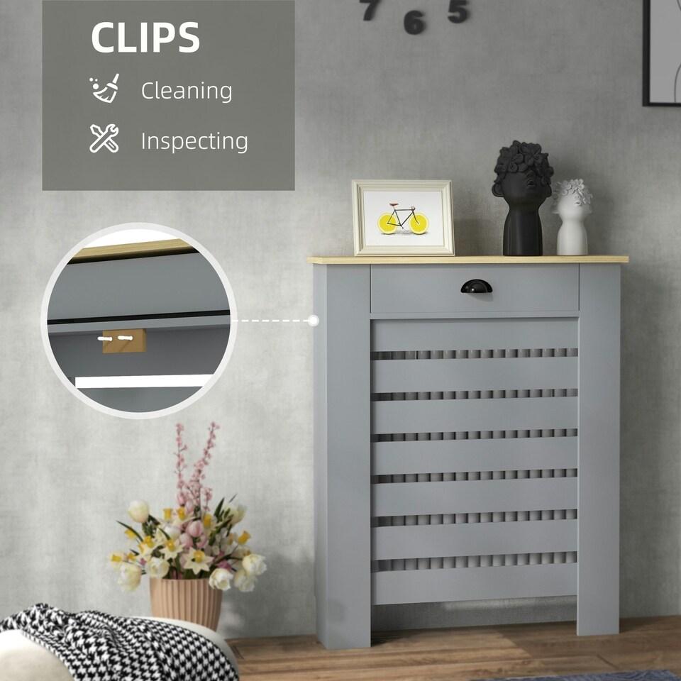 image 1 of HOMCOM Radiator Cover with Drawer, Horizontal Slat, 78cm, Grey