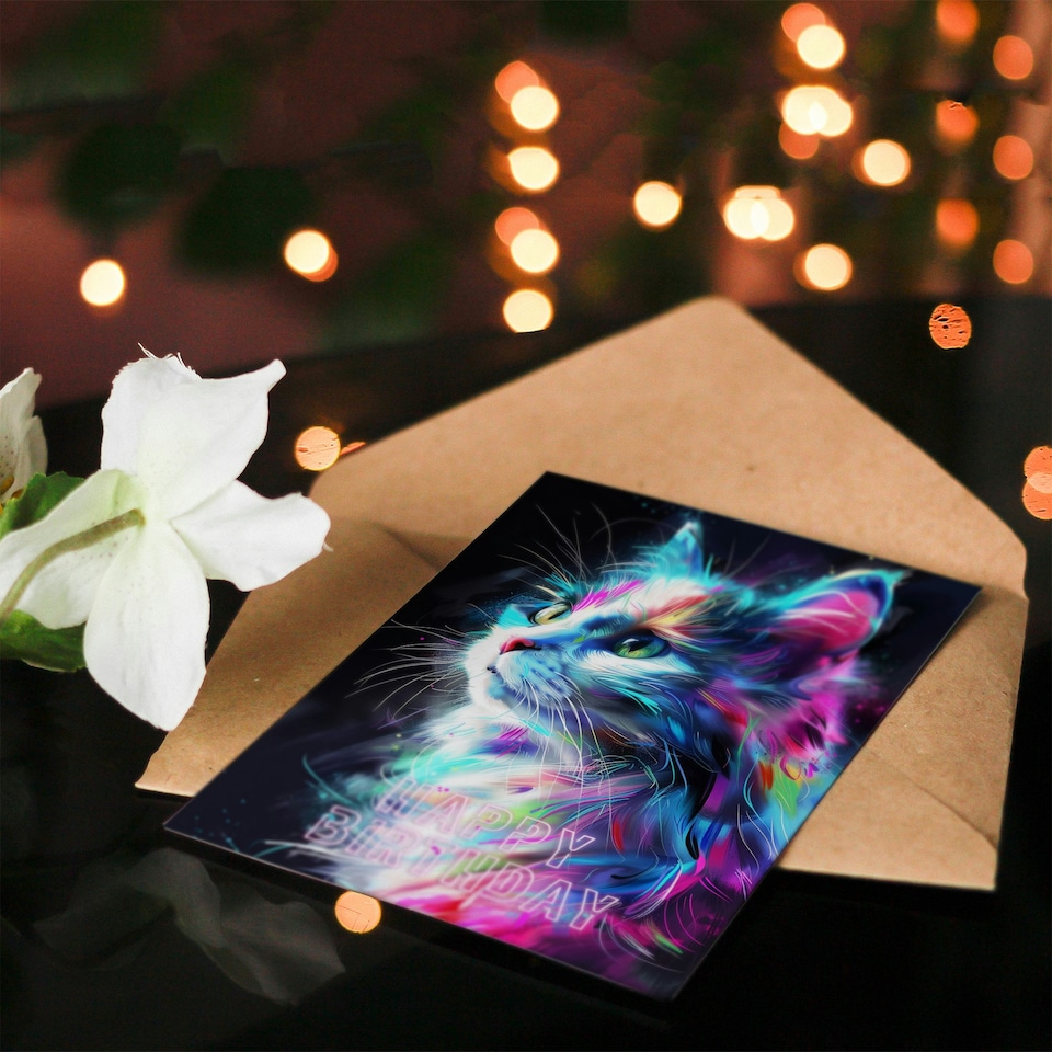 image 1 of Cat Lover Colourful Neon Kitty Portrait For Her Birthday Card