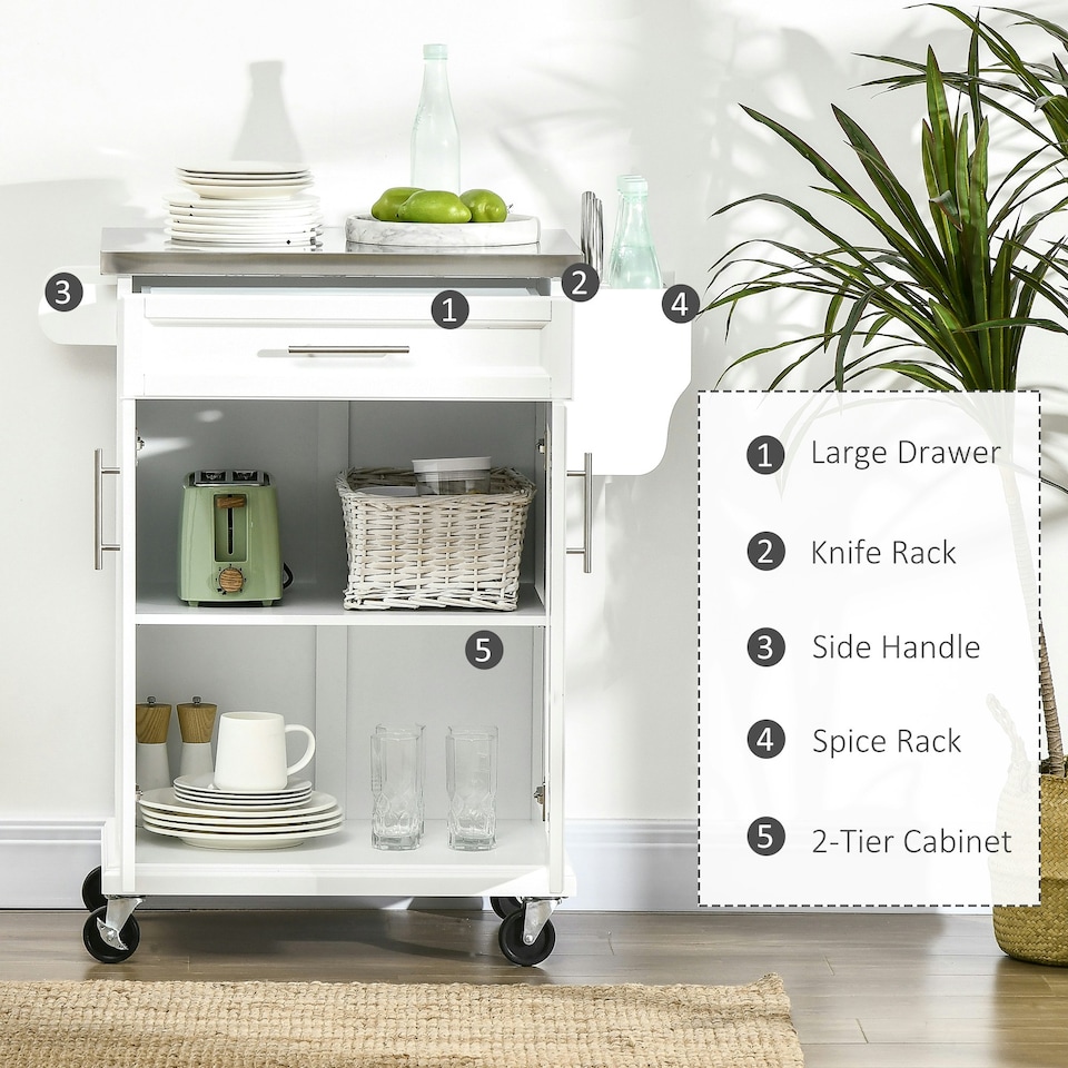 image 1 of HOMCOM Rolling Kitchen Cart Storage Trolley with Drawer Towel Rail Steel White