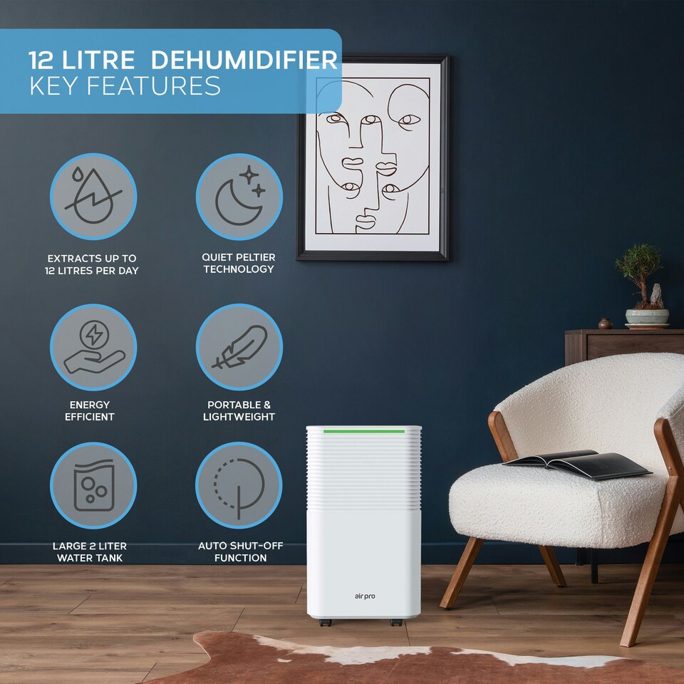 image 1 of Air Pro 12L/Day Digital Dehumidifier - WIFI App - Large 2L Tank, Sleep Mode, 24H Timer, Laundry Drying - Portable Electric Mould, Damp and Condensation Remover