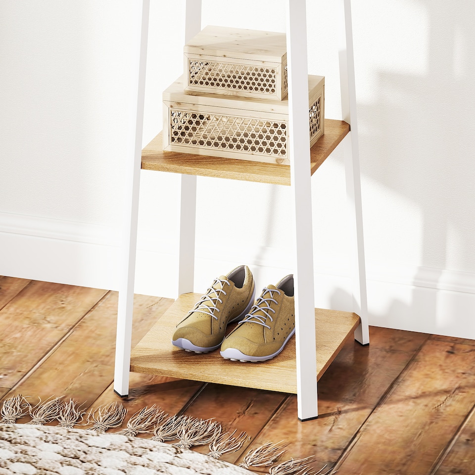 image 1 of HOMCOM Coat Rack with Storage, Freestanding Coat Stand with 8 Hooks and 3-Tier Shelf, Clothes Rack for Bedroom, Entryway, Oak and White | Brown | 1