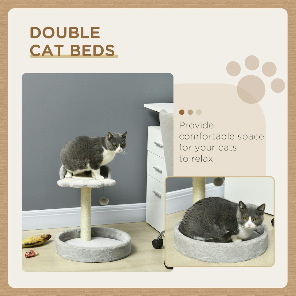 image 1 of PawHut 44cm Cat Tree Tower with Scratch Post, Platforms, Ball, Light Grey
