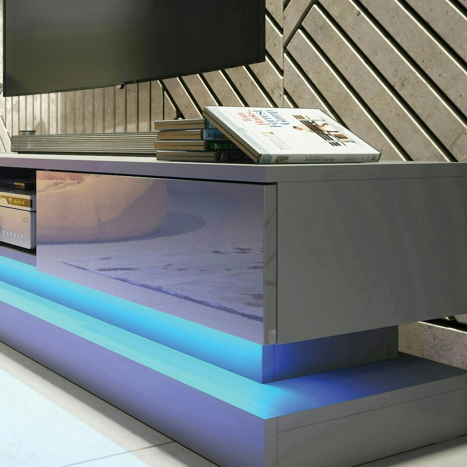 image 1 of TV Unit 180cm Grey Gloss Fronts Grey Matt Body with LED Platform Grey