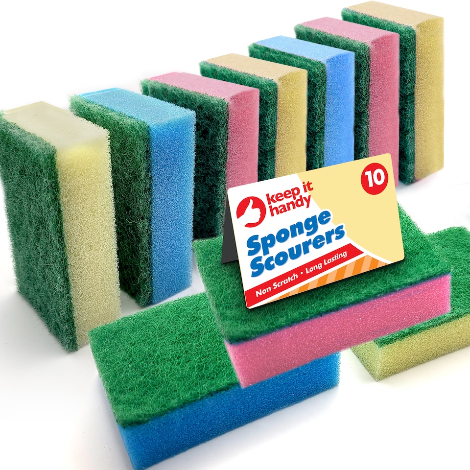 image 1 of 10pk Small Sponge Scourers - Blue, Pink and Yellow Kitchen Cleaning