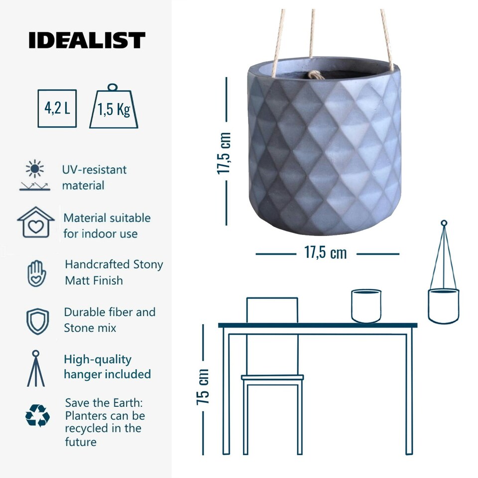 image 1 of Diamond Style Grey Cylinder Round Plant Pot also can be used as Hanging Planter Indoor D17.5 H17.5 cm, 4.2 ltrs Cap.