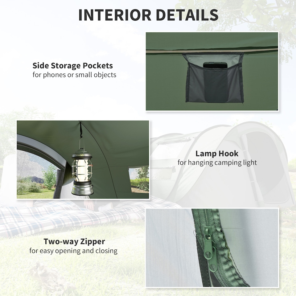 image 1 of Outsunny Camping Tent Dome Pop-up Tent with Windows for 3 Person Dark Green