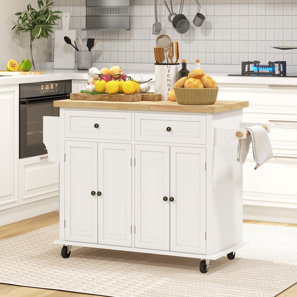 image 1 of HOMCOM Kitchen Island on Wheels, Rolling Kitchen Storage Trolley with Rubber Wood Top, Drawers, Adjustable Shelves, Towel and Spice Rack for Dining Room, Cream White