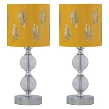 First Choice Lighting Set of 2 Chrome Two Ball Table Lamps with Ochre Mustard Fern Shades Chrome | Yellow