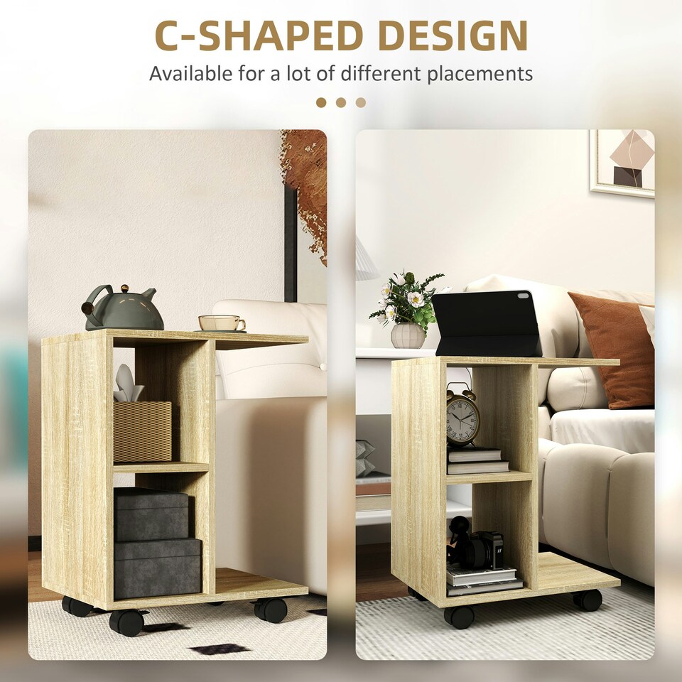 image 1 of HOMCOM C-Shape End Table Storage Unit w/ 2 Shelves 4 Wheels Black Yellow