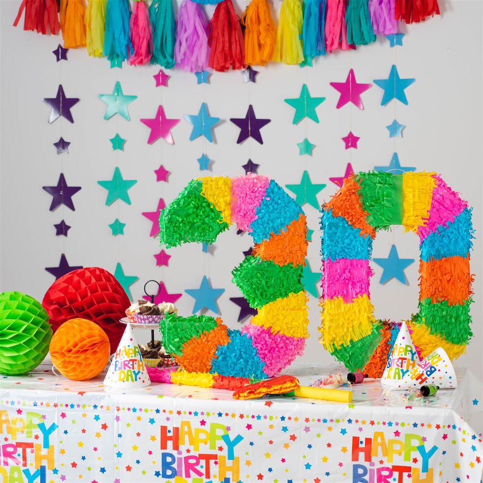 image 1 of Fax Potato Fax Potato Pinata Set with Stick & Blindfold - 30th Birthday / Anniversary - Rainbow