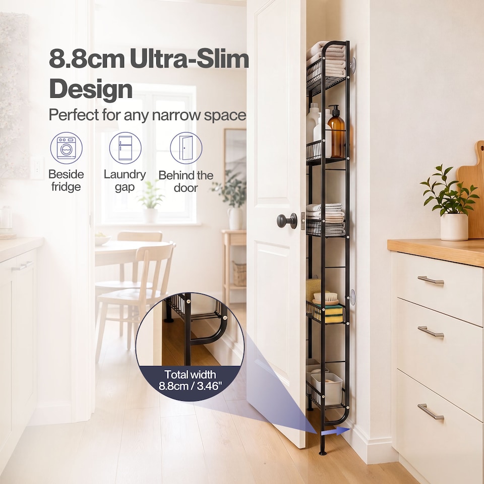 image 1 of Levede Behind Door Storage Organiser Narrow 5-Tier Bathroom Shelves,Steel,Black