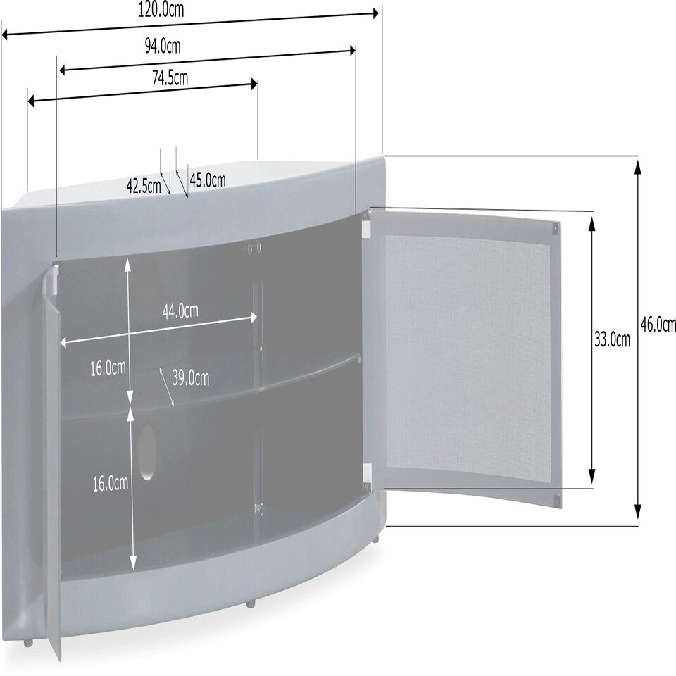 image 1 of Centurion Supports PANGEA Grey Beam-Thru CurvedTru-Corner 32"-50" TV Cabinet Grey