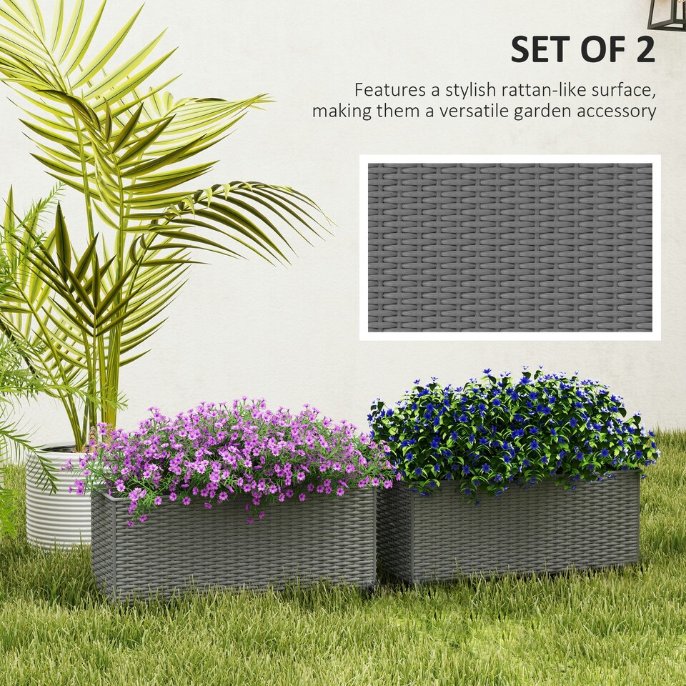 image 1 of Outsunny Set of 2 Hanging Flower Boxes, 50 cm Long, Rattan Look, Grey Grey | Grey