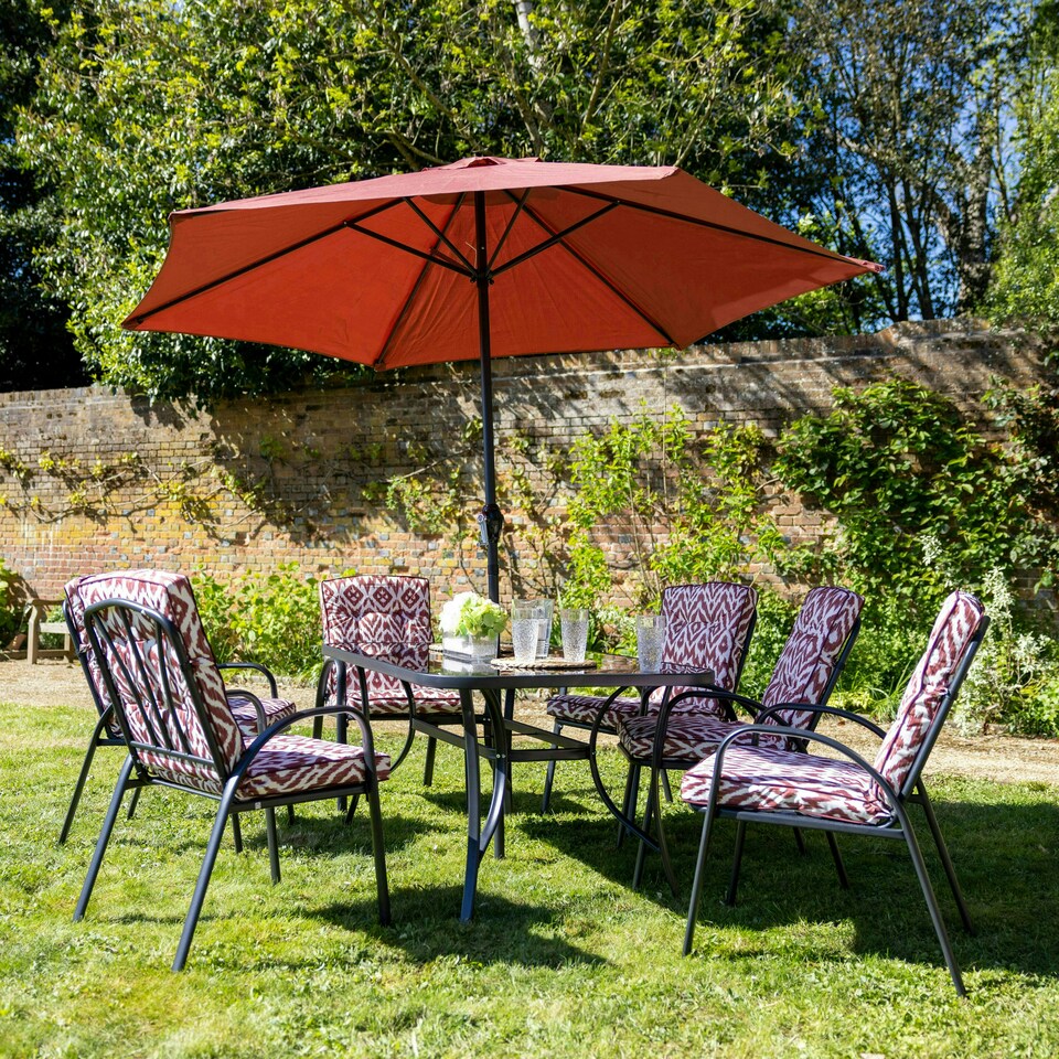 image 1 of Hectare 6 Seater Outdoor Furniture Rectangular Glass Table with Parasol Wine