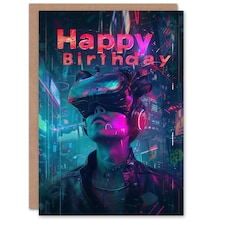 Cyberpunk Neon Portrait VR Future Man Him Birthday Card
