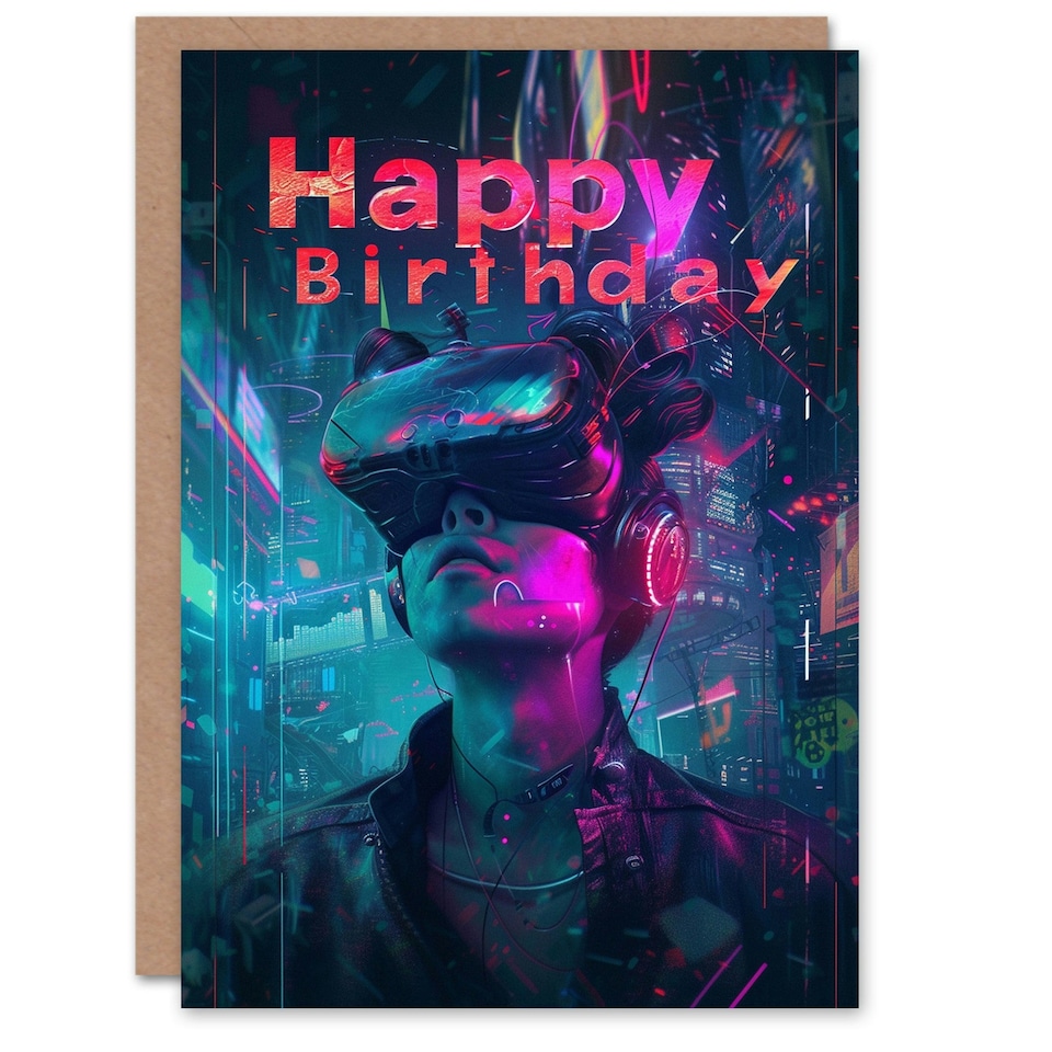 image 1 of Cyberpunk Neon Portrait VR Future Man Him Birthday Card