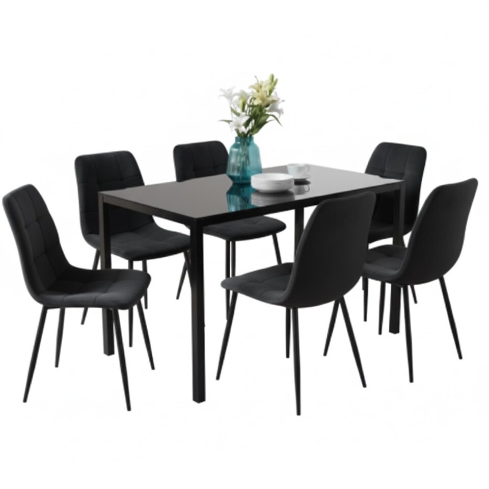 image 1 of Dining Table Set With 6 Black Tufted Velvet Chairs Dining Room Furniture