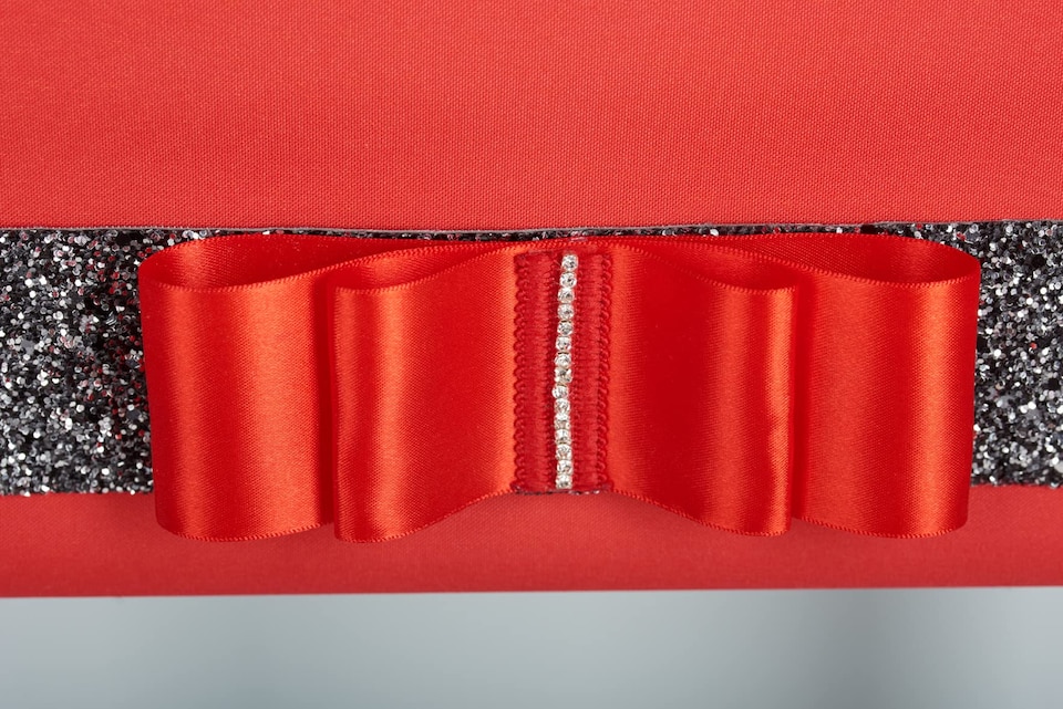 image 1 of FURNISHED Blackout Roller Blind with Black Glitter Trim and Red Bow Trimmable Window Shade | Red | Red | (W) 65cm x (L) 210cm