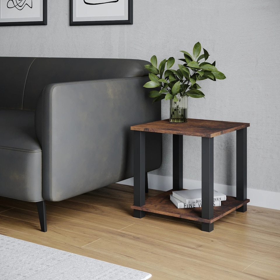 image 1 of Sandra 2 Tier S-Tube End Table Small Wood Bedside Nightstand With Storage Shelf | Multi | Rustic Brown with Black Legs