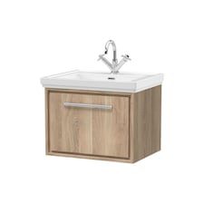 Balterley Longnor 1 Drawer Wall Hung Vanity Unit with 1 Tap Hole Traditional Fireclay Basin, Light Oak, 600mm