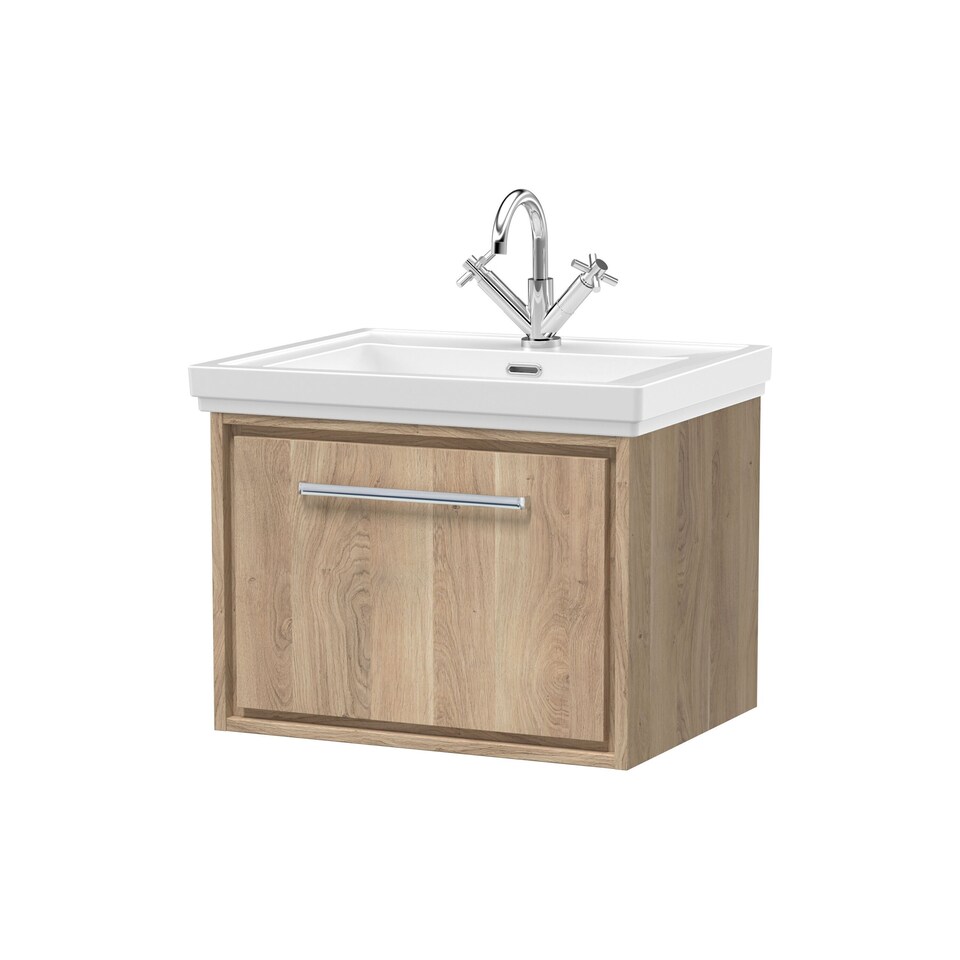 image 1 of Balterley Longnor 1 Drawer Wall Hung Vanity Unit with 1 Tap Hole Traditional Fireclay Basin, Light Oak, 600mm