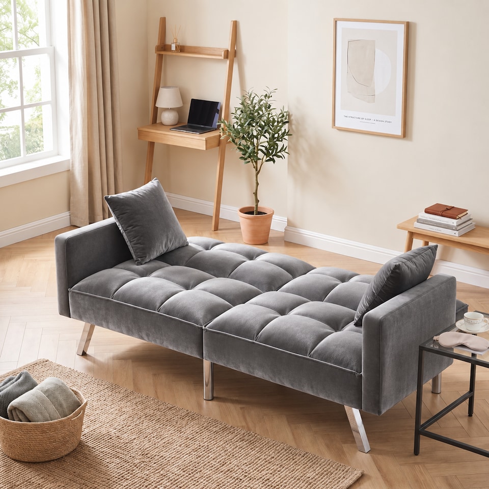 image 1 of Sofa Bed 2 Seater Grey Velvet Click Clack Sofa Settee Recliner Couch with Metal Legs with 2 Pillows