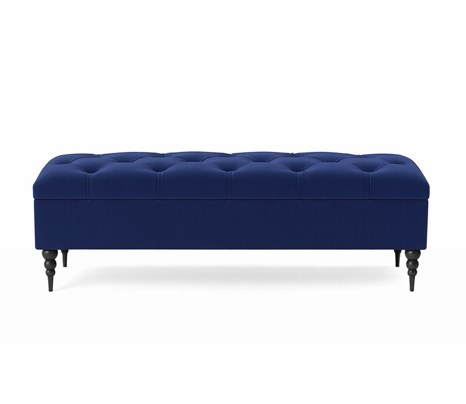 image 1 of 137cm Safar Ottoman bench with Storage and Turned Wooden Legs- Plush Velvet Shoes Bench - Sapphire Blue Chesterfield Storage Bench