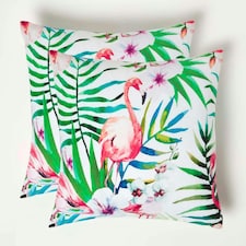 Homescapes Pink Flamingo Outdoor Cushion 45 x 45 cm - Set of 2 | Pink | Pink & Green | 2