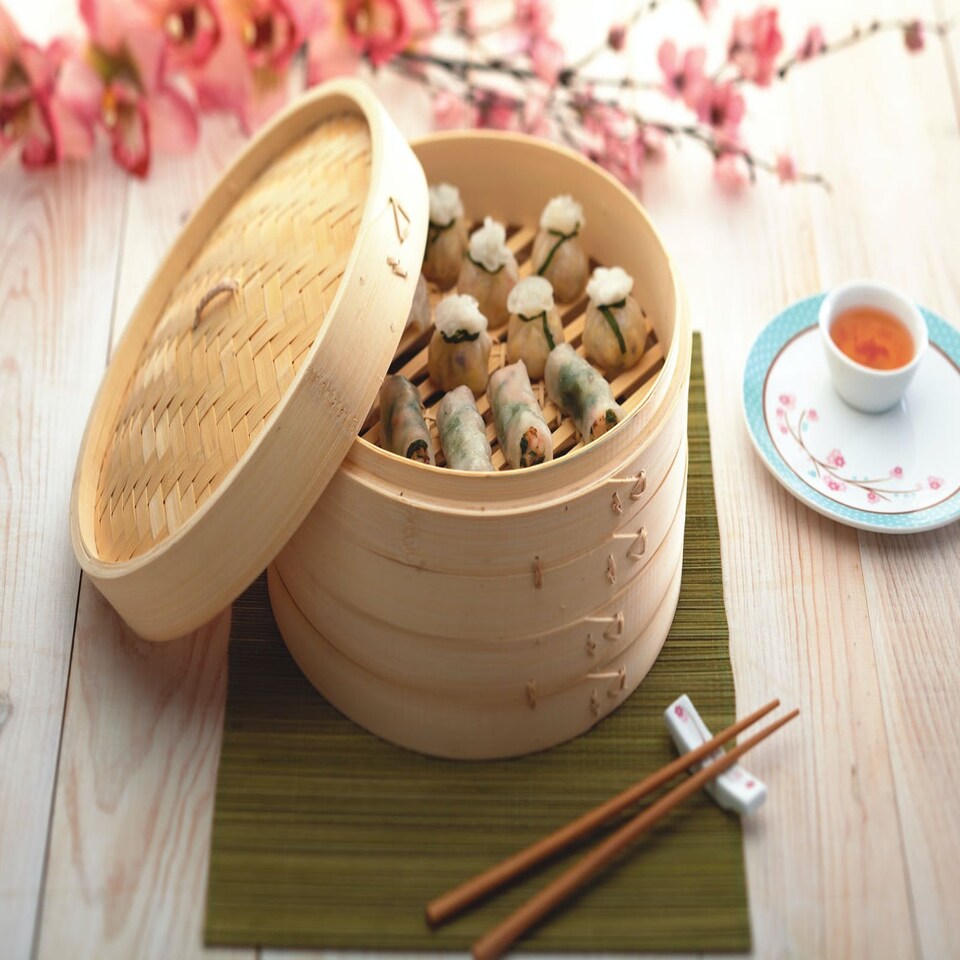 image 1 of KitchenCraft Steaming Basket Wood Bamboo 2 Tier 25cm
