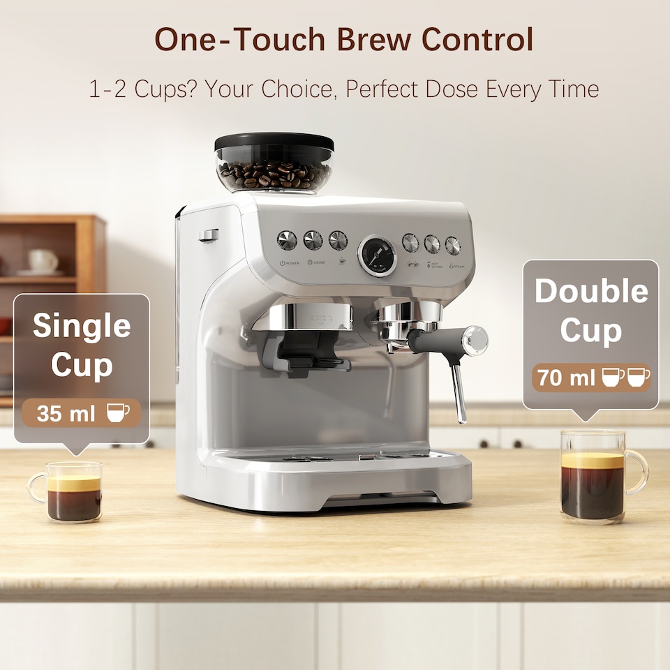 image 1 of HOMCOM Espresso Machine with Integrated Bean Grinder & Steam Wand, Bean to Cup Coffee Machine with 15 Bar Italian Pump, 2L Water Tank, Cappuccino Maker, Stainless Steel Silver