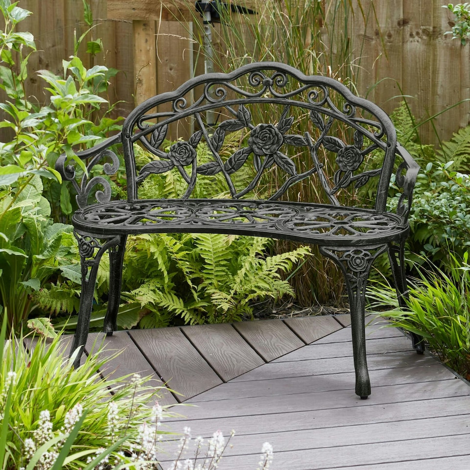 image 1 of Cast Aluminium Garden Bench Metal Frame 2 Seater Patio Chair Outdoor Seating