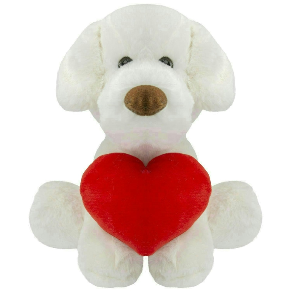 image 1 of Puppy Soft Toy Cream 26cm Puppy Plush With Red Love Heart Cuddly Toy Dog