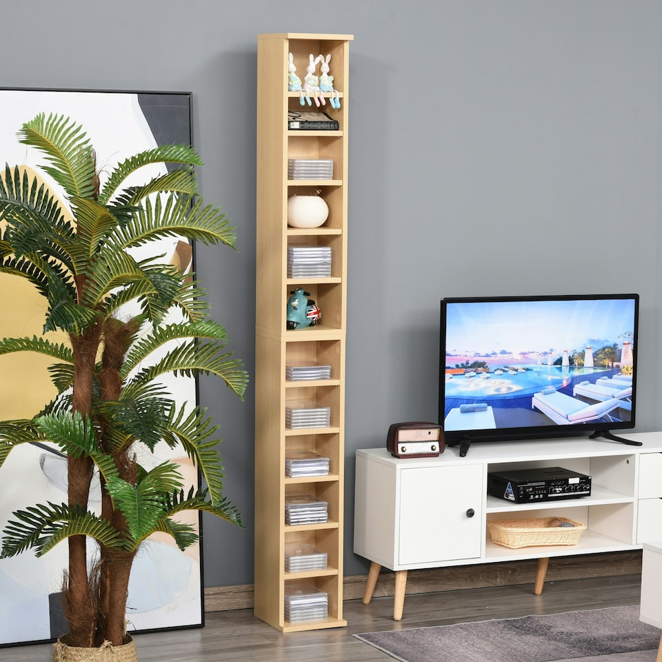 image 1 of HOMCOM Set of 2 CD Storage Units with Adjustable Shelves Natural Wood Colour