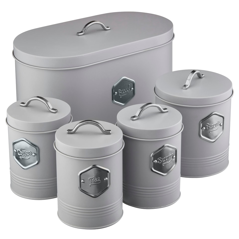 image 1 of Cooks Professional Kitchen Storage Set | 5-Piece | Bread Biscuit Tea Coffee Sugar | Grey & Silver