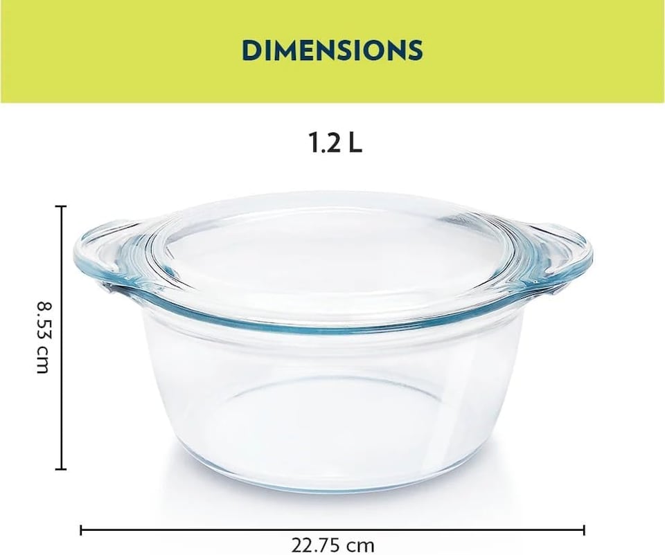 image 1 of Borosil Deep Round Glass Casserole with Lid (1.2 Litre), Transparent, Oven & Microwave Safe Serving Bowl
