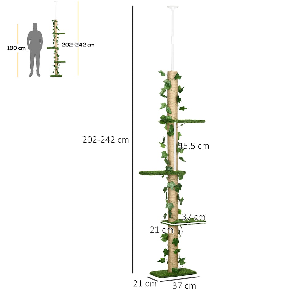 image 1 of PawHut 242cm Floor to Ceiling Cat Tree with Leaves Scratching Post, Green