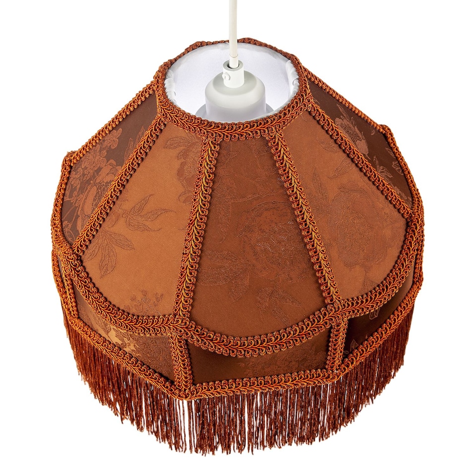 image 1 of Brown Faux Silk Victorian Lampshade with Floral Decor and Long Tassels