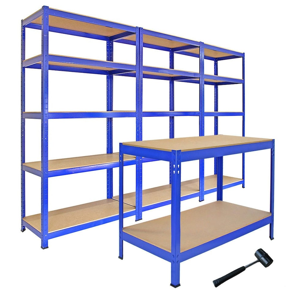 image 1 of Monster Racking: 3 T-Rax Storage Shelving Units & 120cm Q-Rax Workbench Blue