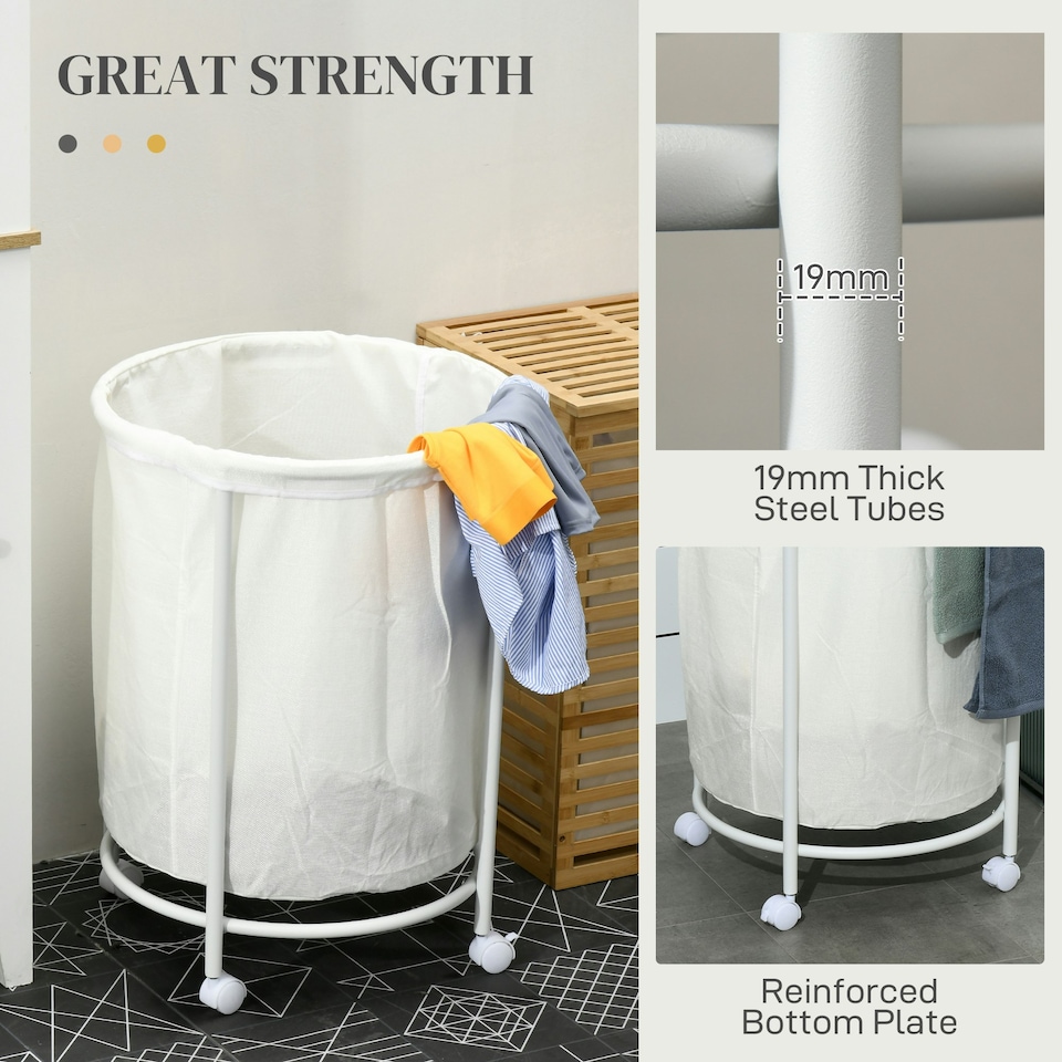 image 1 of HOMCOM 100L Round Laundry Hamper with Wheels for Bedroom Bathroom Cream White