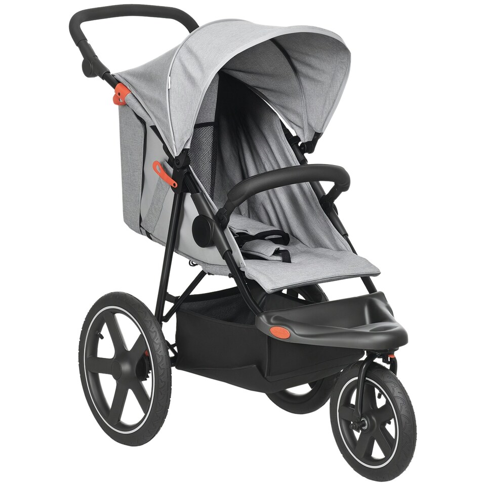 image 1 of HOMCOM Foldable Three-Wheeler Baby Stroller w/ Sun Canopy, Storage - Grey