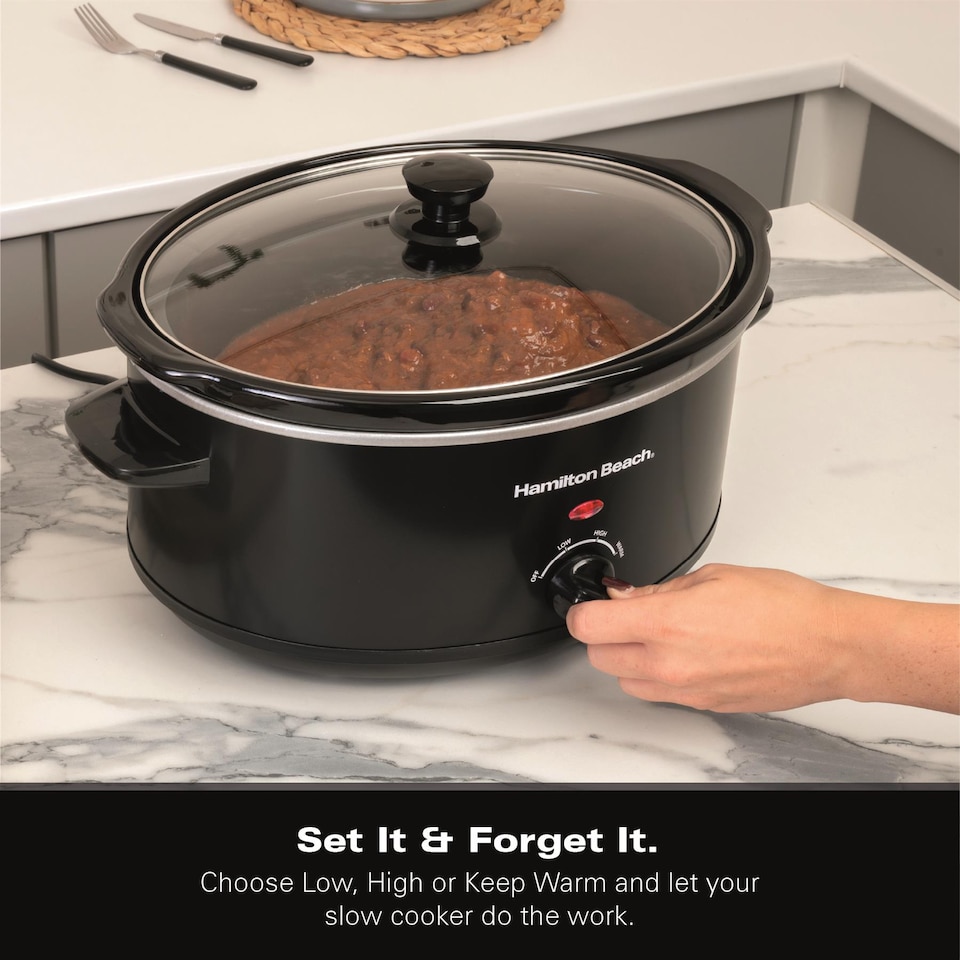 image 1 of Hamilton Beach Slow Cooker, 6.5 Litres, Family Favourite, 240W, Energy-Efficient, Removable Oven-Safe Ceramic Bowl, 3 Heat Settings, Serves 6-8 People, Easy Clean, Black - HBSC070B